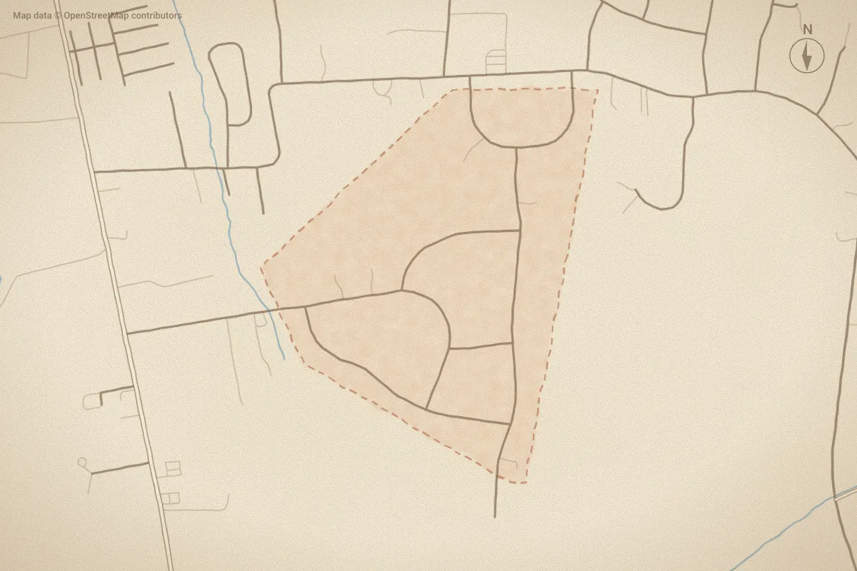 Watercolor map of Woodmoor Farms in Greenville, NC, showing its streets, water and surroundings