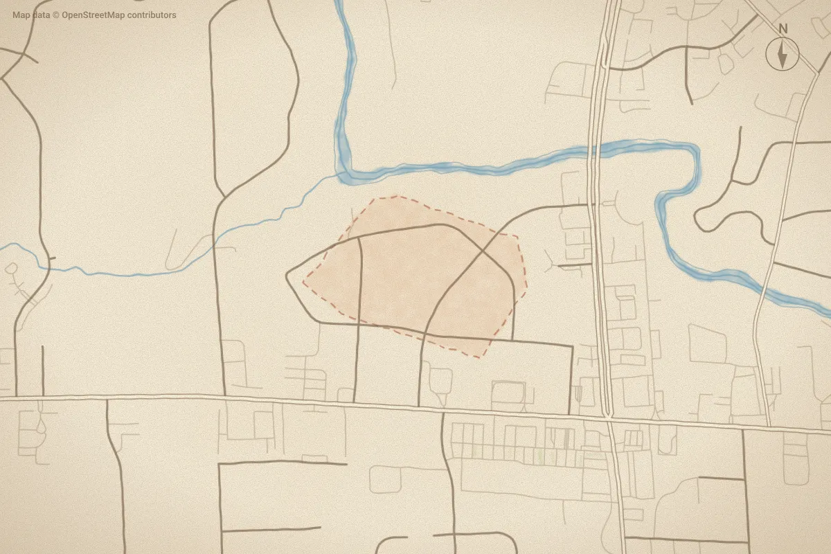 Watercolor map of Woodridge in Rocky Mount, NC, showing its streets, water and surroundings