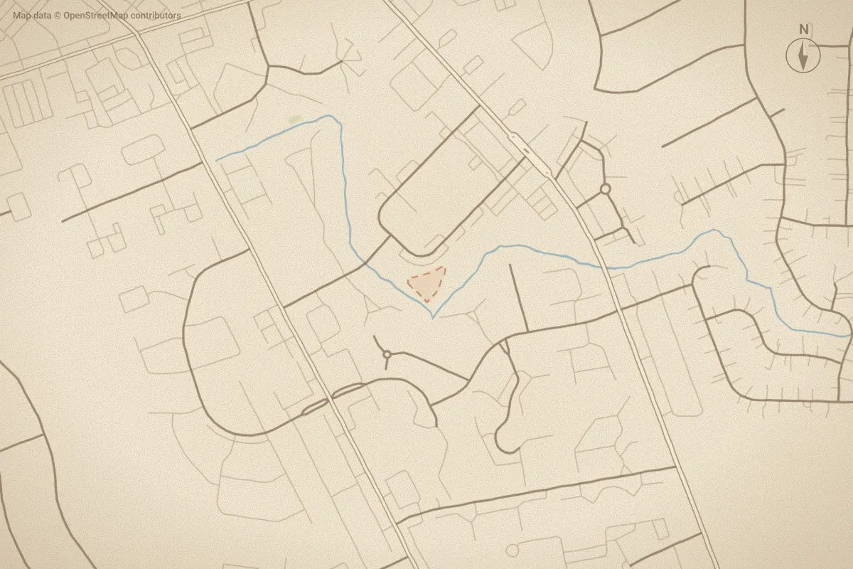 Watercolor map of Yorktown Square in Greenville, NC, showing its streets, water and surroundings