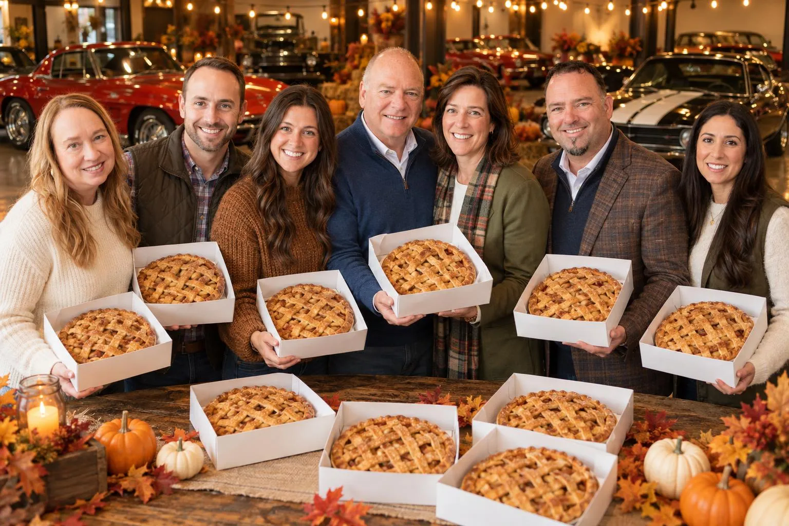 The Buddy Blake Team holding boxes of fresh-baked apple pies in a car showroom decorated for fall