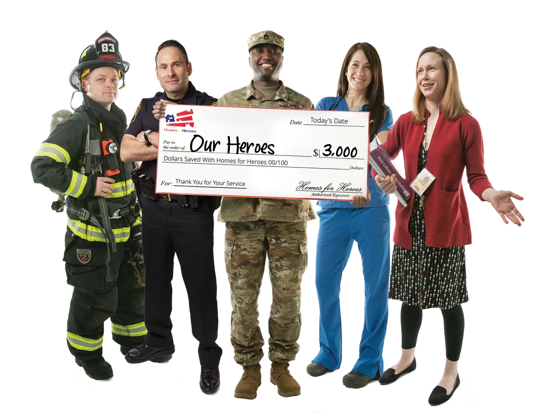 A firefighter, police officer, soldier, nurse and teacher holding a Homes for Heroes check